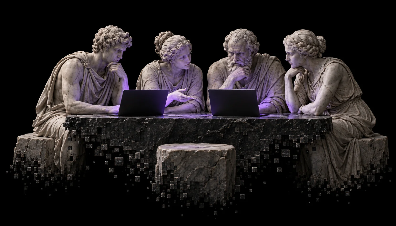 Ein Team aus Marmorfiguren arbeitet gemeinsam an Laptops. Ein freier Platz lädt zum Mitgestalten ein.