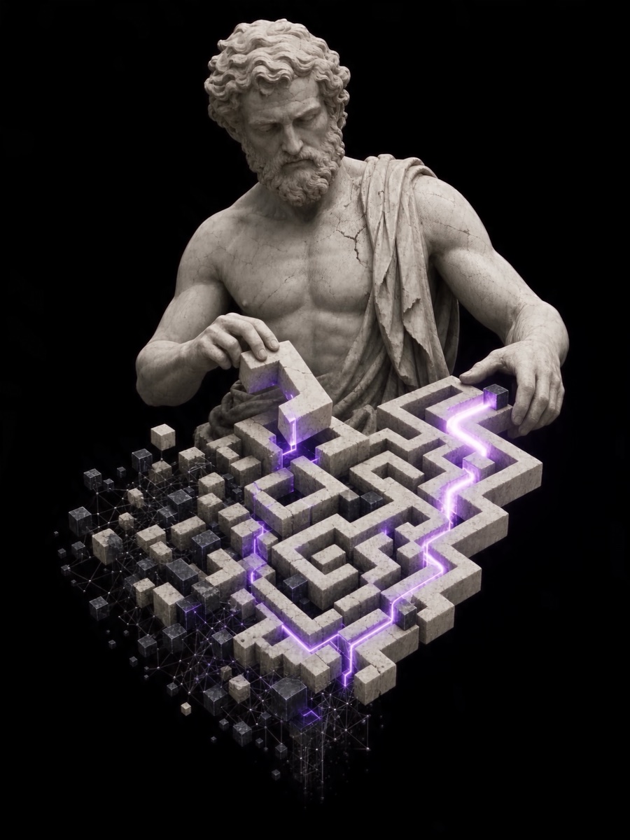 An antique marble architect redesigning an illuminated process labyrinth