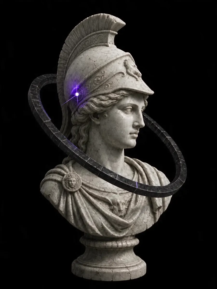 An antique marble strategist surrounded by a digital orbit